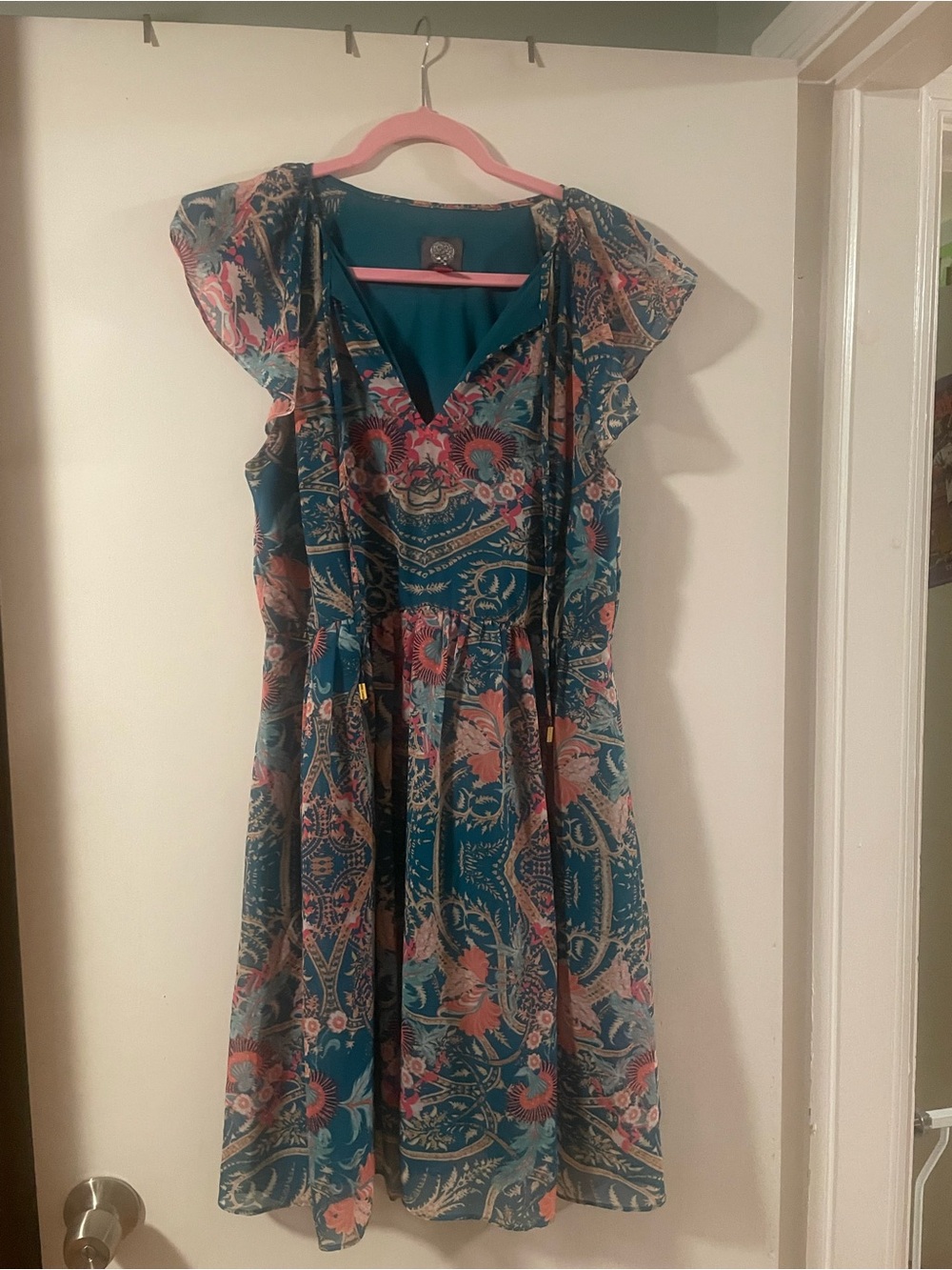 Vince Camuto Teal Paisley-Print V-Neck Midi Dress with Tie